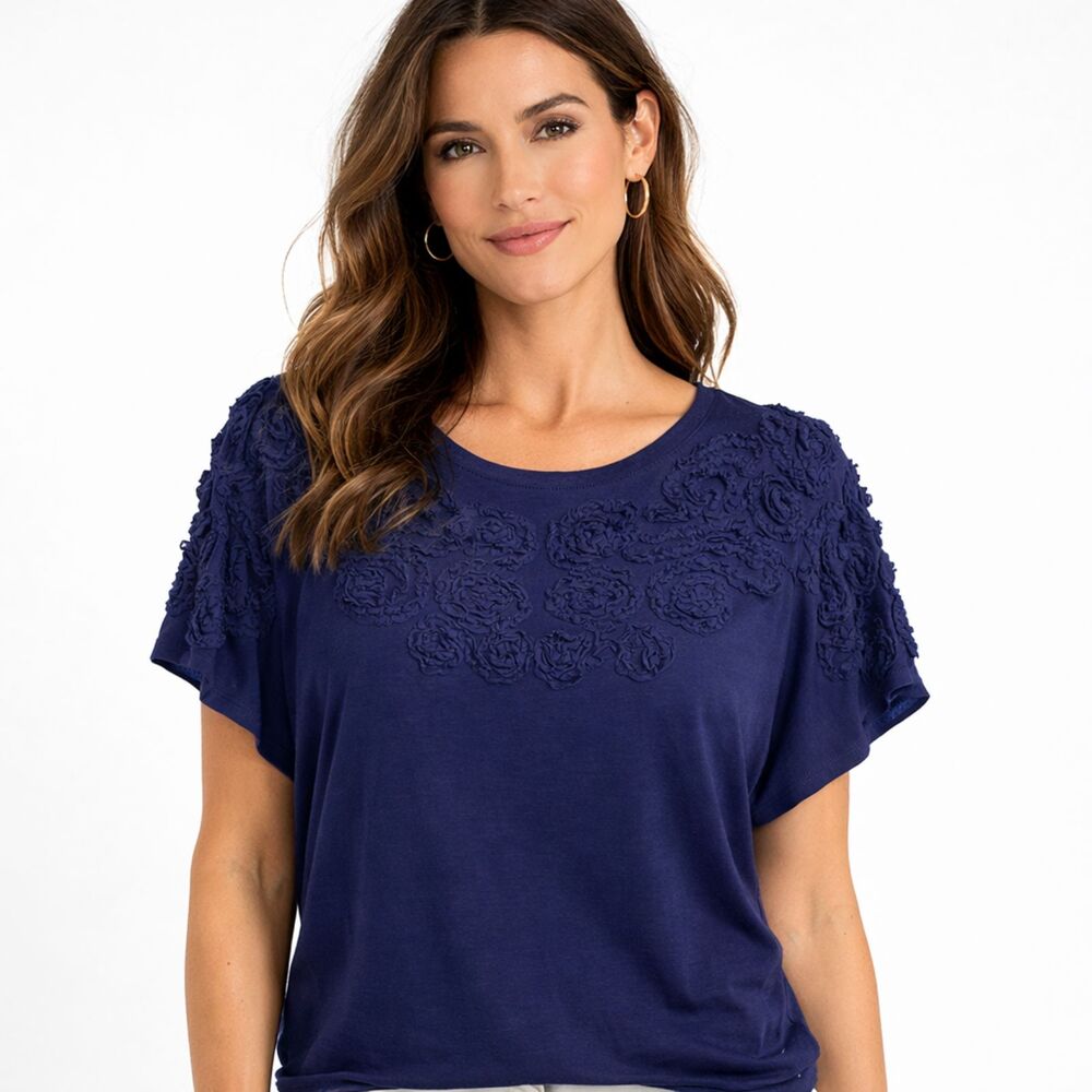 Alythea Top Blouse Navy Blue Applique Dolman short Sleeve Women’s Large Chic Art